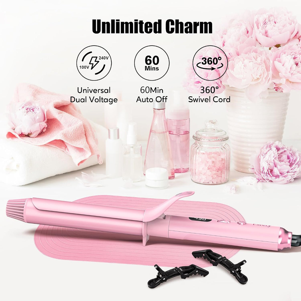 Long Barrel Curling Iron 1 1/4 inch, 1.25 Inch Curling Iron for Thin Hair, Infused Argan Oil & Keratin, 11 Adjustable Temp, Include Clips & Silicone Pad, Pink