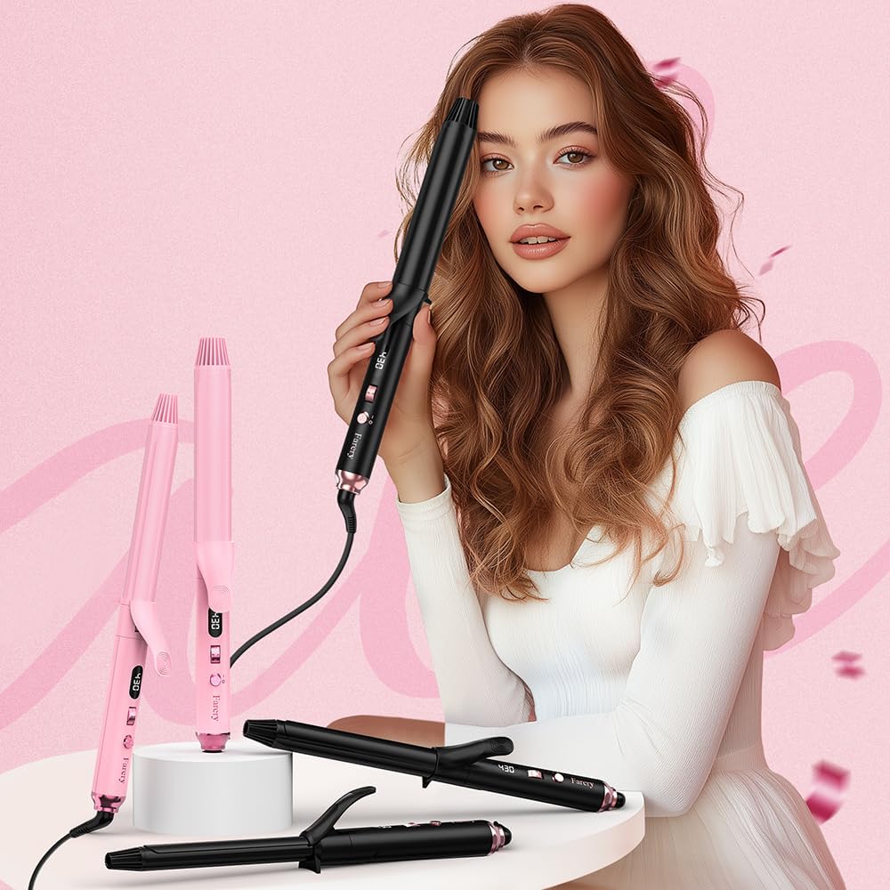 Long Barrel Curling Iron 1 1/4 inch, 1.25 Inch Curling Iron for Thin Hair, Infused Argan Oil & Keratin, 11 Adjustable Temp, Include Clips & Silicone Pad, Pink