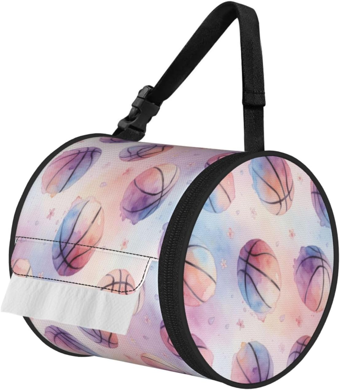 Round Tissue Holder Bag Car Hanging Tissue Boxes Cover with Adjustable Strap Foldable Roll Storage Bags with Zipper Tissues Case Organizer for Home Decor Toilet Office(Pink Basketball)