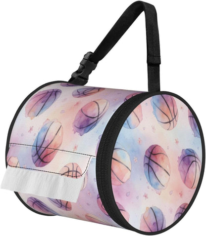 Round Tissue Holder Bag Car Hanging Tissue Boxes Cover with Adjustable Strap Foldable Roll Storage Bags with Zipper Tissues Case Organizer for Home Decor Toilet Office(Pink Basketball)