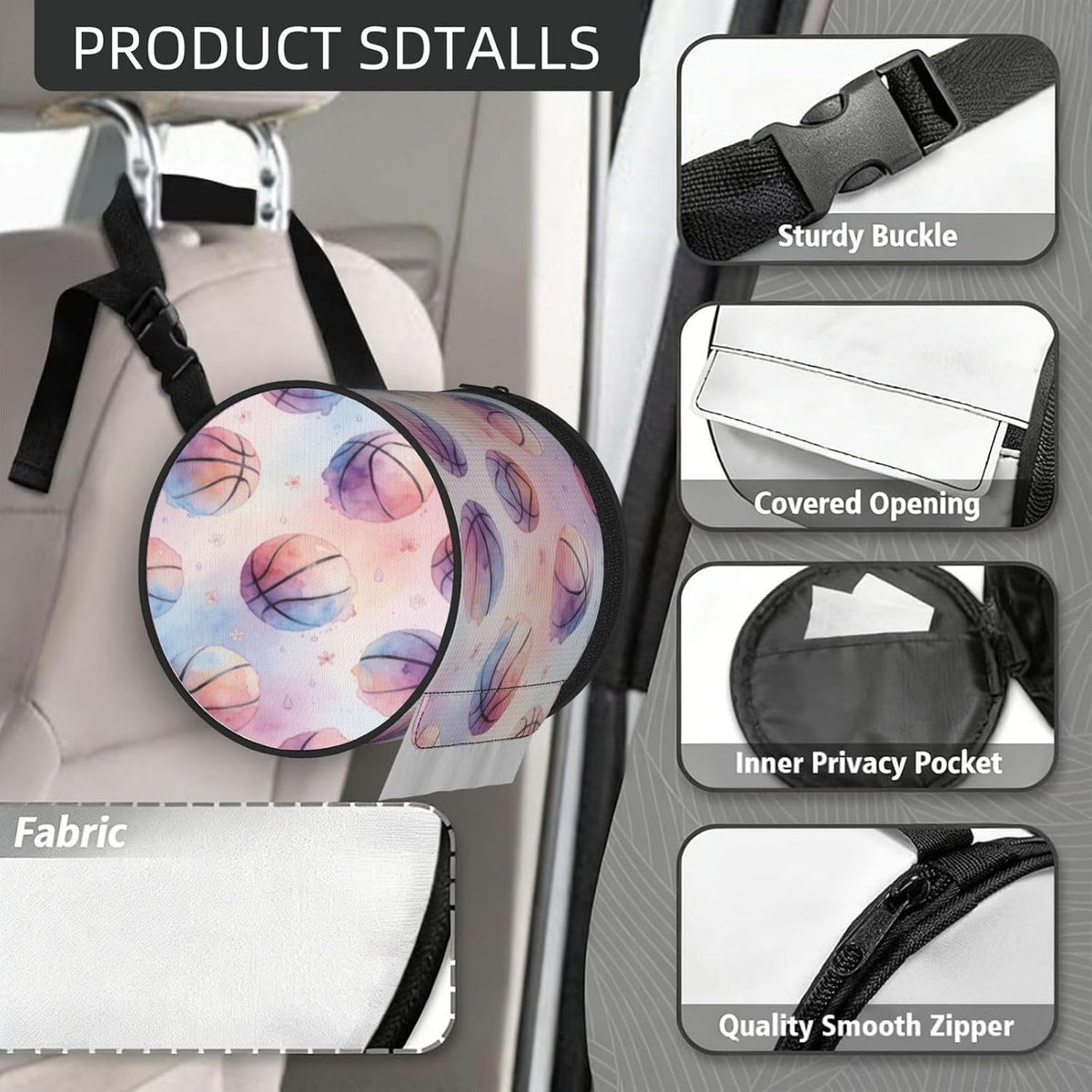 Round Tissue Holder Bag Car Hanging Tissue Boxes Cover with Adjustable Strap Foldable Roll Storage Bags with Zipper Tissues Case Organizer for Home Decor Toilet Office(Pink Basketball)