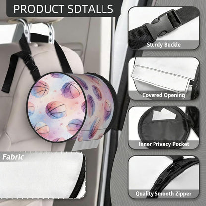 Round Tissue Holder Bag Car Hanging Tissue Boxes Cover with Adjustable Strap Foldable Roll Storage Bags with Zipper Tissues Case Organizer for Home Decor Toilet Office(Pink Basketball)