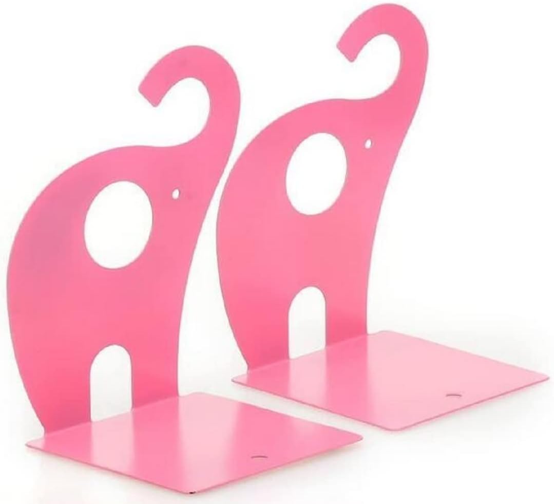 one Pair Cute Cartoon Elephant Nonskid Bookends Art Bookend Metal Bookends (Pink)
