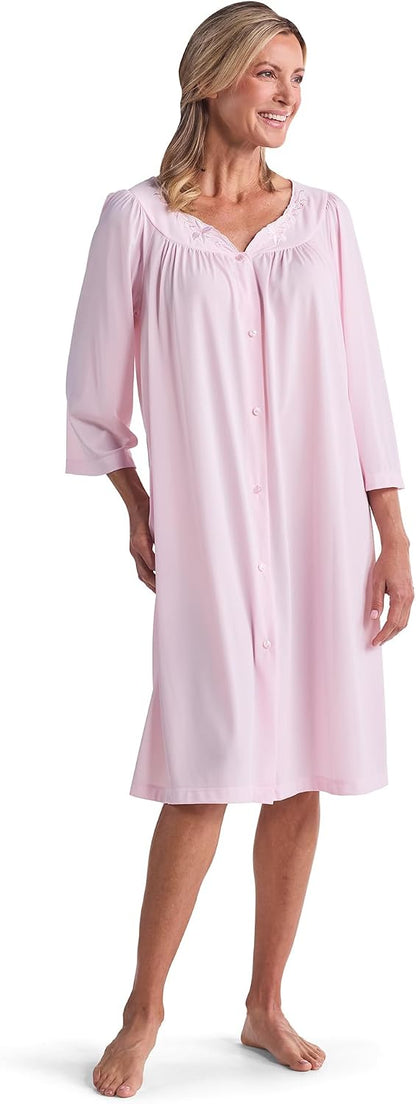 Robe - Women's Nylon Tricot Short Button Robe, Side Pockets and 3/4 Sleeves