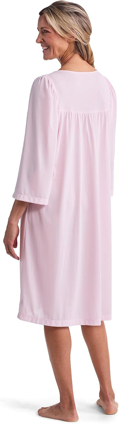 Robe - Women's Nylon Tricot Short Button Robe, Side Pockets and 3/4 Sleeves