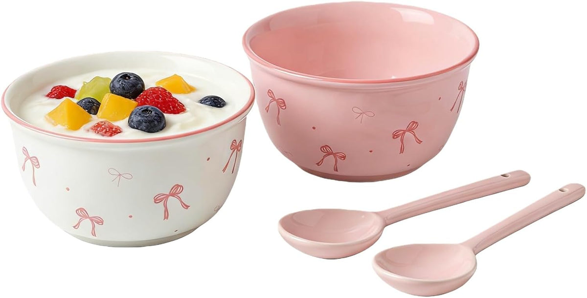 2-Piece Ceramic Bowl Set with Spoons, Aesthetic Rice and Soup Bowls, Versatile Dinnerware for Cereal, Ice Cream, Pasta, and Salad, Microwave Safe Kitchen Mixing Bowls (Pink, White)