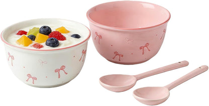 2-Piece Ceramic Bowl Set with Spoons, Aesthetic Rice and Soup Bowls, Versatile Dinnerware for Cereal, Ice Cream, Pasta, and Salad, Microwave Safe Kitchen Mixing Bowls (Pink, White)