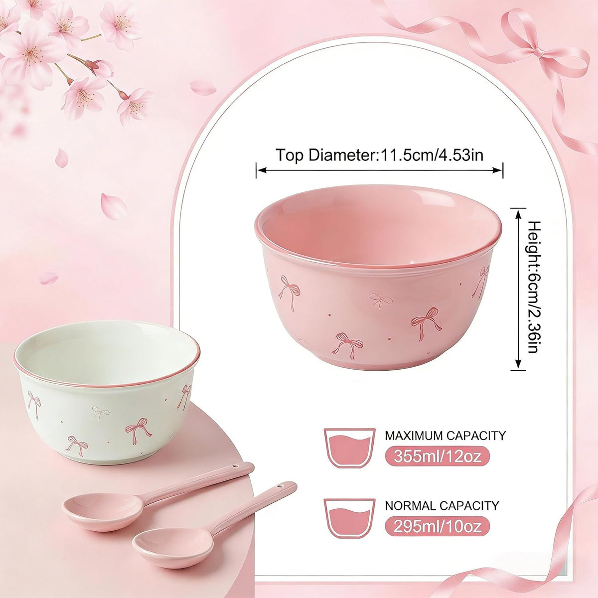 2-Piece Ceramic Bowl Set with Spoons, Aesthetic Rice and Soup Bowls, Versatile Dinnerware for Cereal, Ice Cream, Pasta, and Salad, Microwave Safe Kitchen Mixing Bowls (Pink, White)
