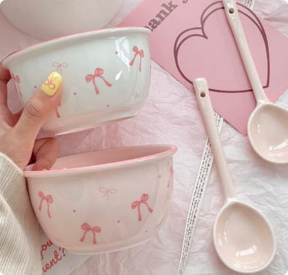 2-Piece Ceramic Bowl Set with Spoons, Aesthetic Rice and Soup Bowls, Versatile Dinnerware for Cereal, Ice Cream, Pasta, and Salad, Microwave Safe Kitchen Mixing Bowls (Pink, White)