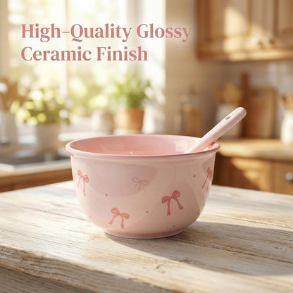 2-Piece Ceramic Bowl Set with Spoons, Aesthetic Rice and Soup Bowls, Versatile Dinnerware for Cereal, Ice Cream, Pasta, and Salad, Microwave Safe Kitchen Mixing Bowls (Pink, White)