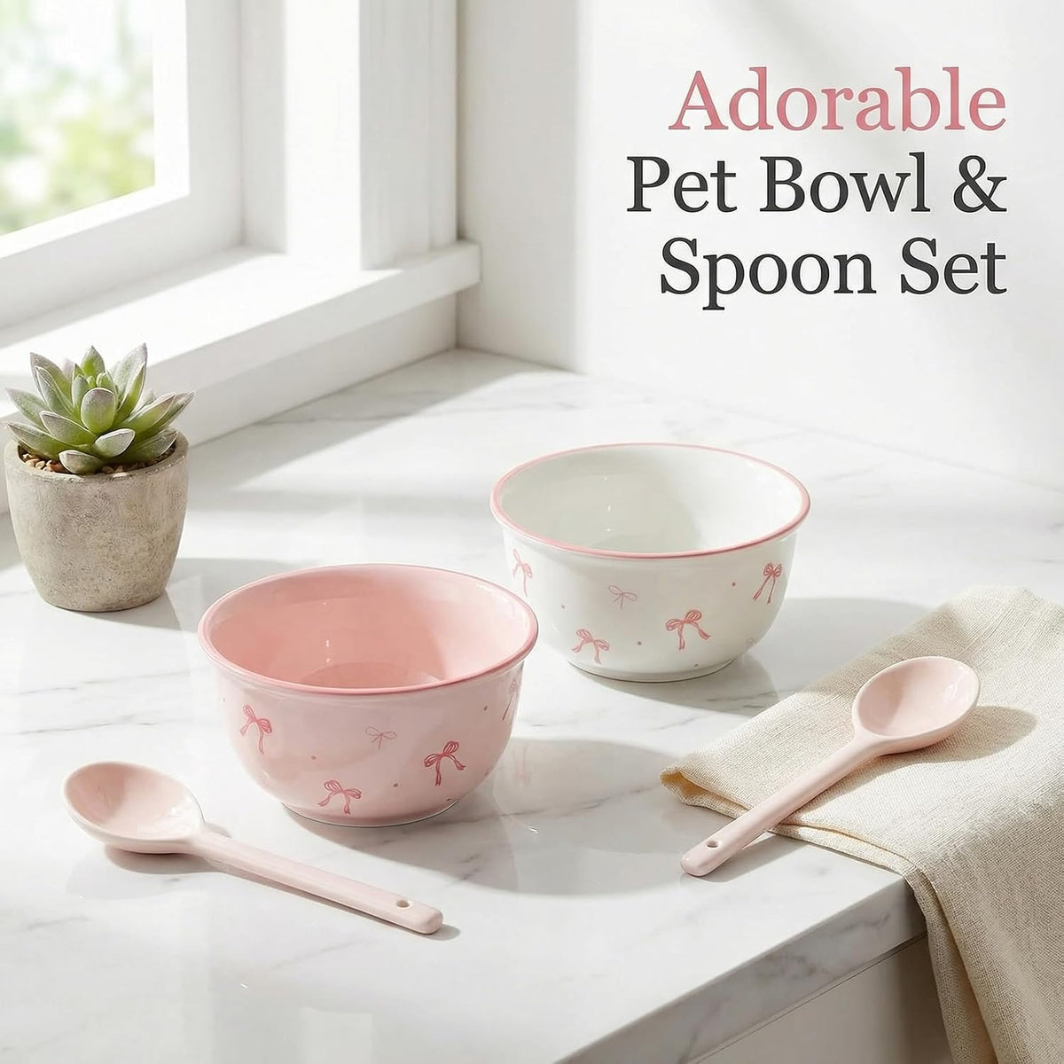 2-Piece Ceramic Bowl Set with Spoons, Aesthetic Rice and Soup Bowls, Versatile Dinnerware for Cereal, Ice Cream, Pasta, and Salad, Microwave Safe Kitchen Mixing Bowls (Pink, White)