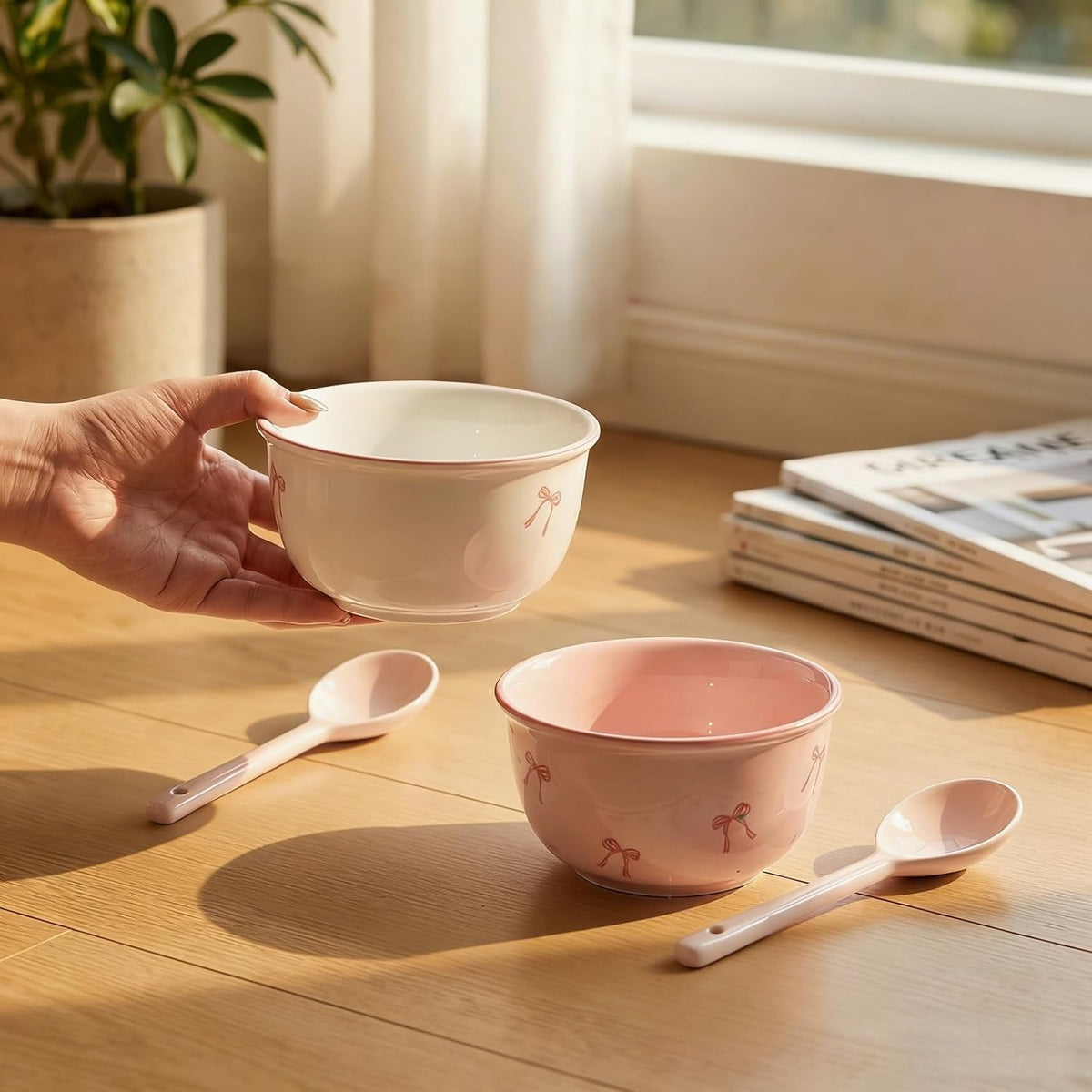2-Piece Ceramic Bowl Set with Spoons, Aesthetic Rice and Soup Bowls, Versatile Dinnerware for Cereal, Ice Cream, Pasta, and Salad, Microwave Safe Kitchen Mixing Bowls (Pink, White)