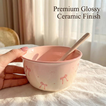 2-Piece Ceramic Bowl Set with Spoons, Aesthetic Rice and Soup Bowls, Versatile Dinnerware for Cereal, Ice Cream, Pasta, and Salad, Microwave Safe Kitchen Mixing Bowls (Pink, White)