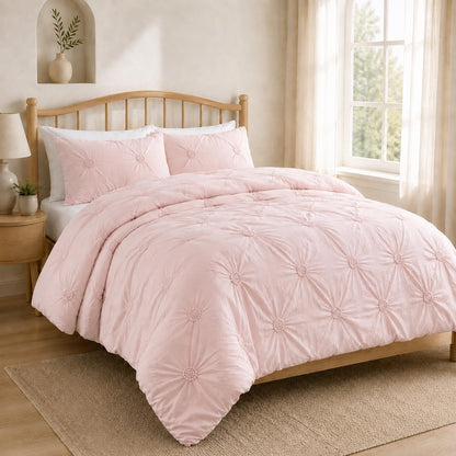Full/Queen Comforter Set, Ruched 3D Floral Pintuck, Pink