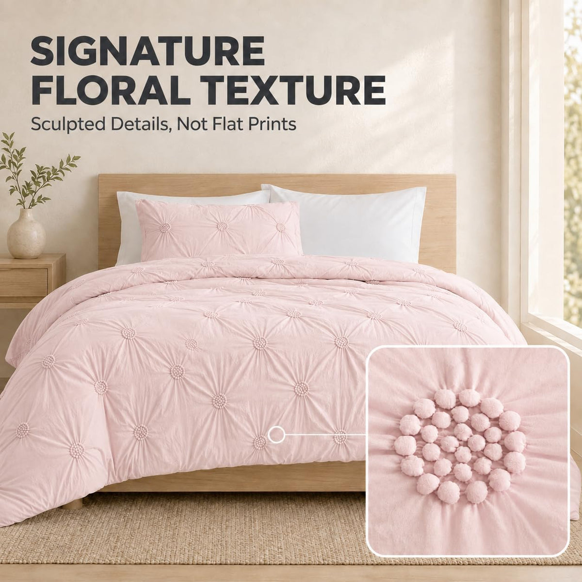 Full/Queen Comforter Set, Ruched 3D Floral Pintuck, Pink