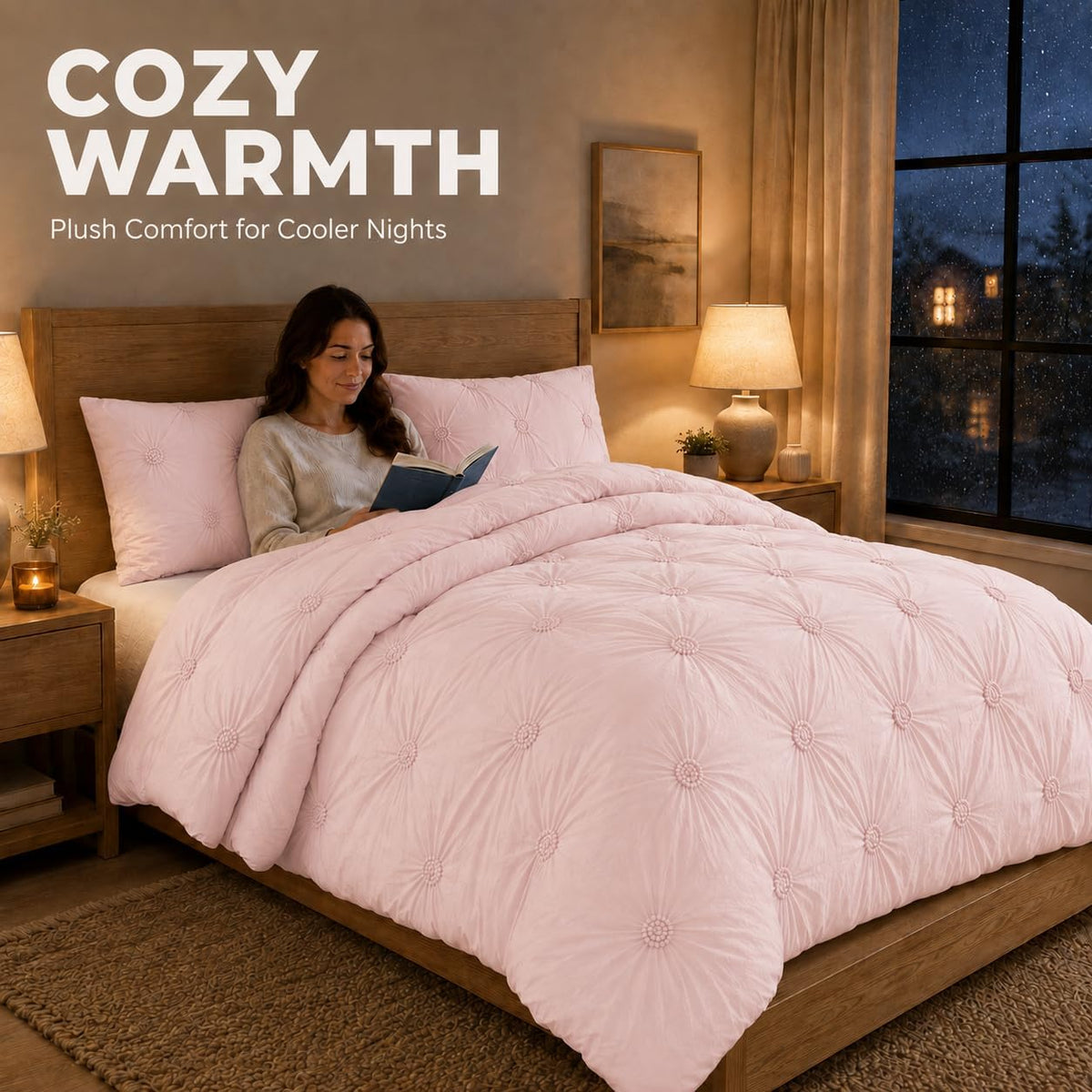 Full/Queen Comforter Set, Ruched 3D Floral Pintuck, Pink