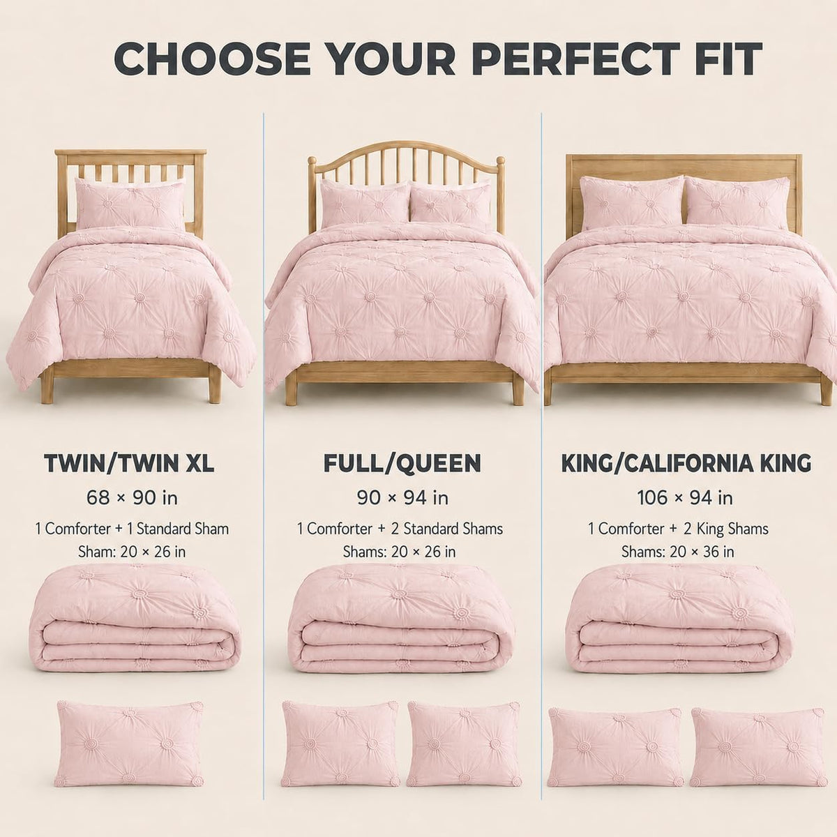 Full/Queen Comforter Set, Ruched 3D Floral Pintuck, Pink