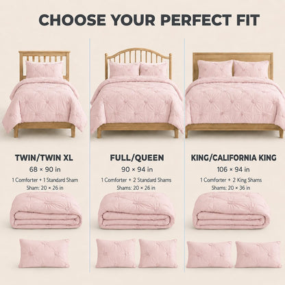 Full/Queen Comforter Set, Ruched 3D Floral Pintuck, Pink