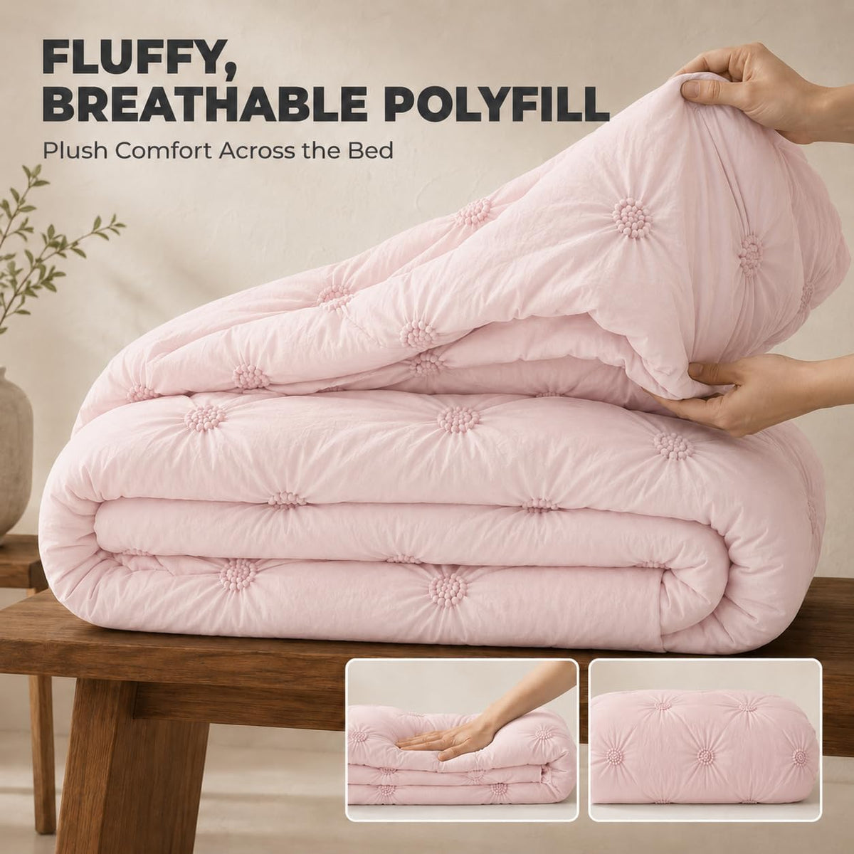 Full/Queen Comforter Set, Ruched 3D Floral Pintuck, Pink