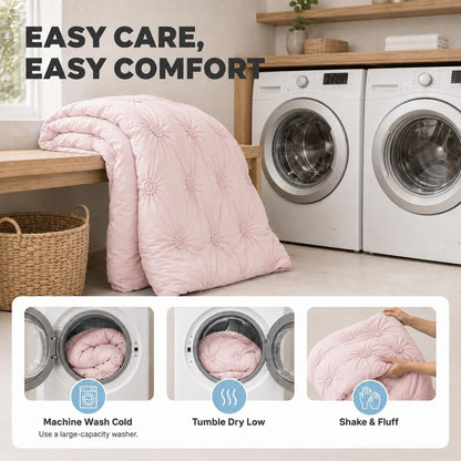 Full/Queen Comforter Set, Ruched 3D Floral Pintuck, Pink