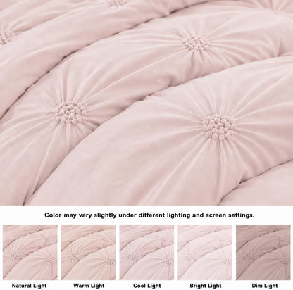 Full/Queen Comforter Set, Ruched 3D Floral Pintuck, Pink