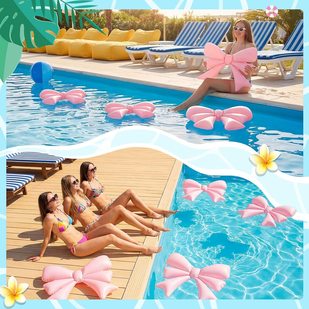 6 Pcs Inflatable Pink Bow Pool Floats Party Decor