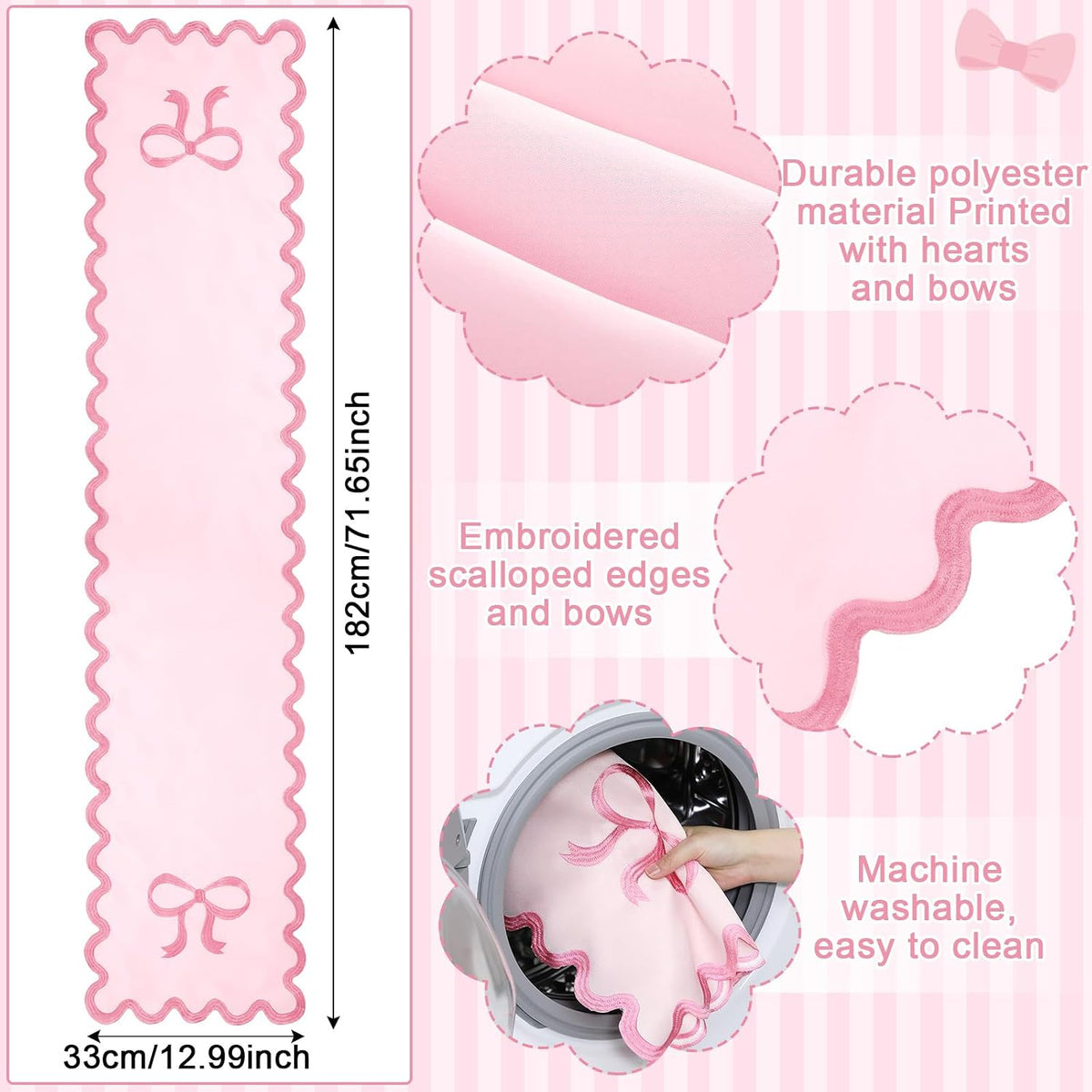 Pink Bow Table Runner 72 Inches, Embroidery Scalloped Coquette