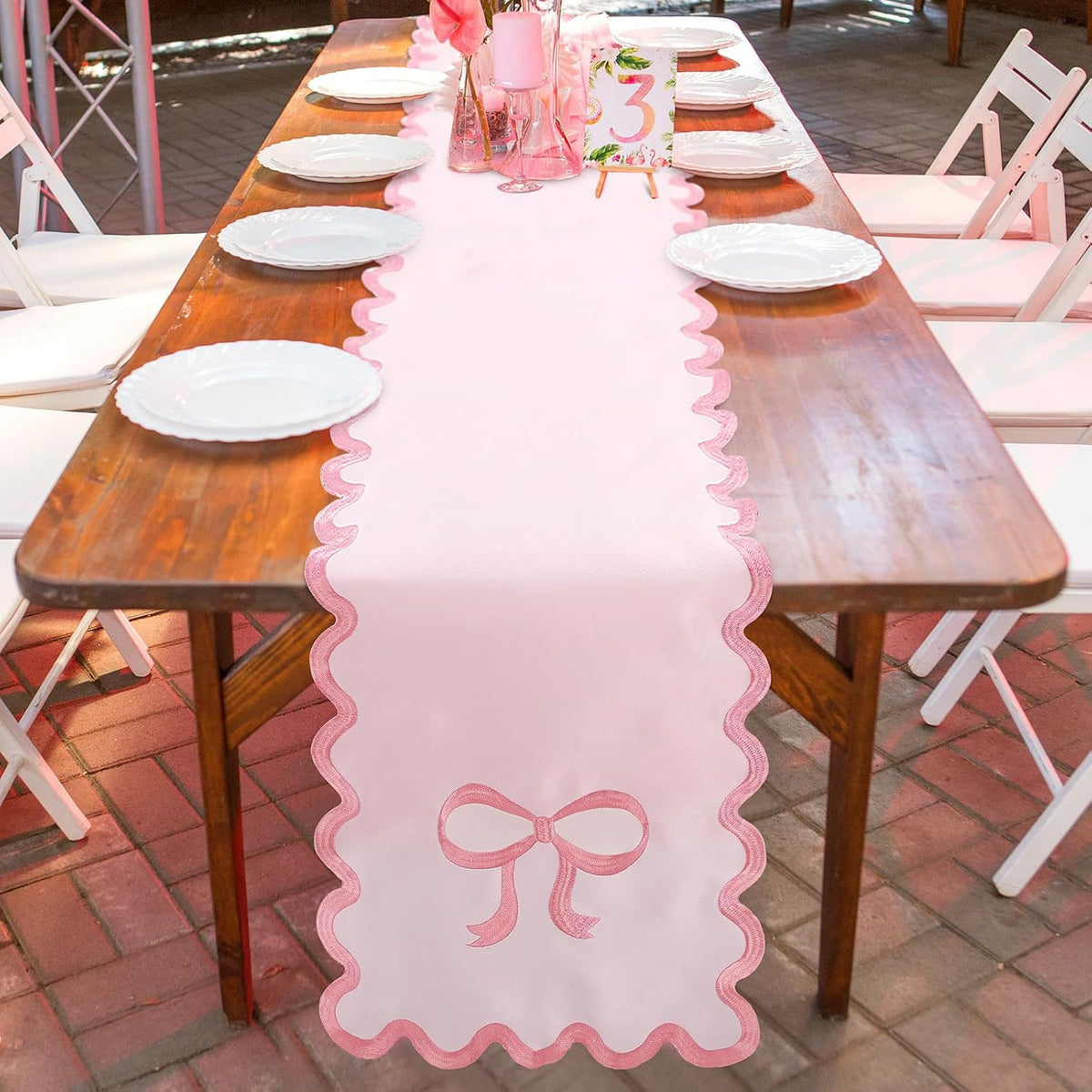 Pink Bow Table Runner 72 Inches, Embroidery Scalloped Coquette