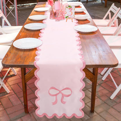 Pink Bow Table Runner 72 Inches, Embroidery Scalloped Coquette
