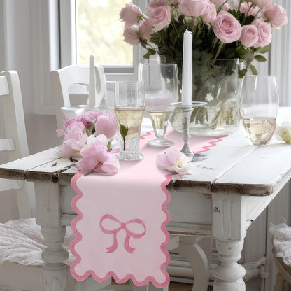 Pink Bow Table Runner 72 Inches, Embroidery Scalloped Coquette