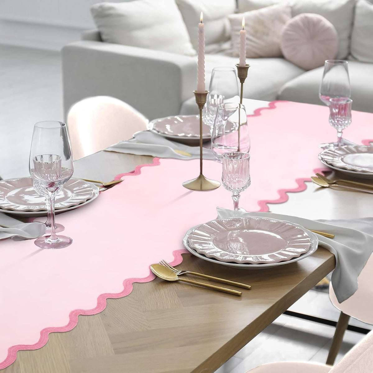 Pink Bow Table Runner 72 Inches, Embroidery Scalloped Coquette