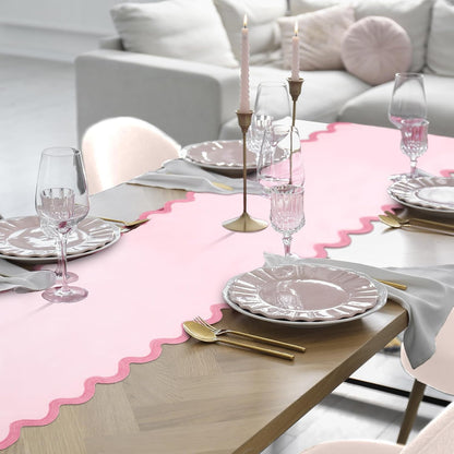 Pink Bow Table Runner 72 Inches, Embroidery Scalloped Coquette