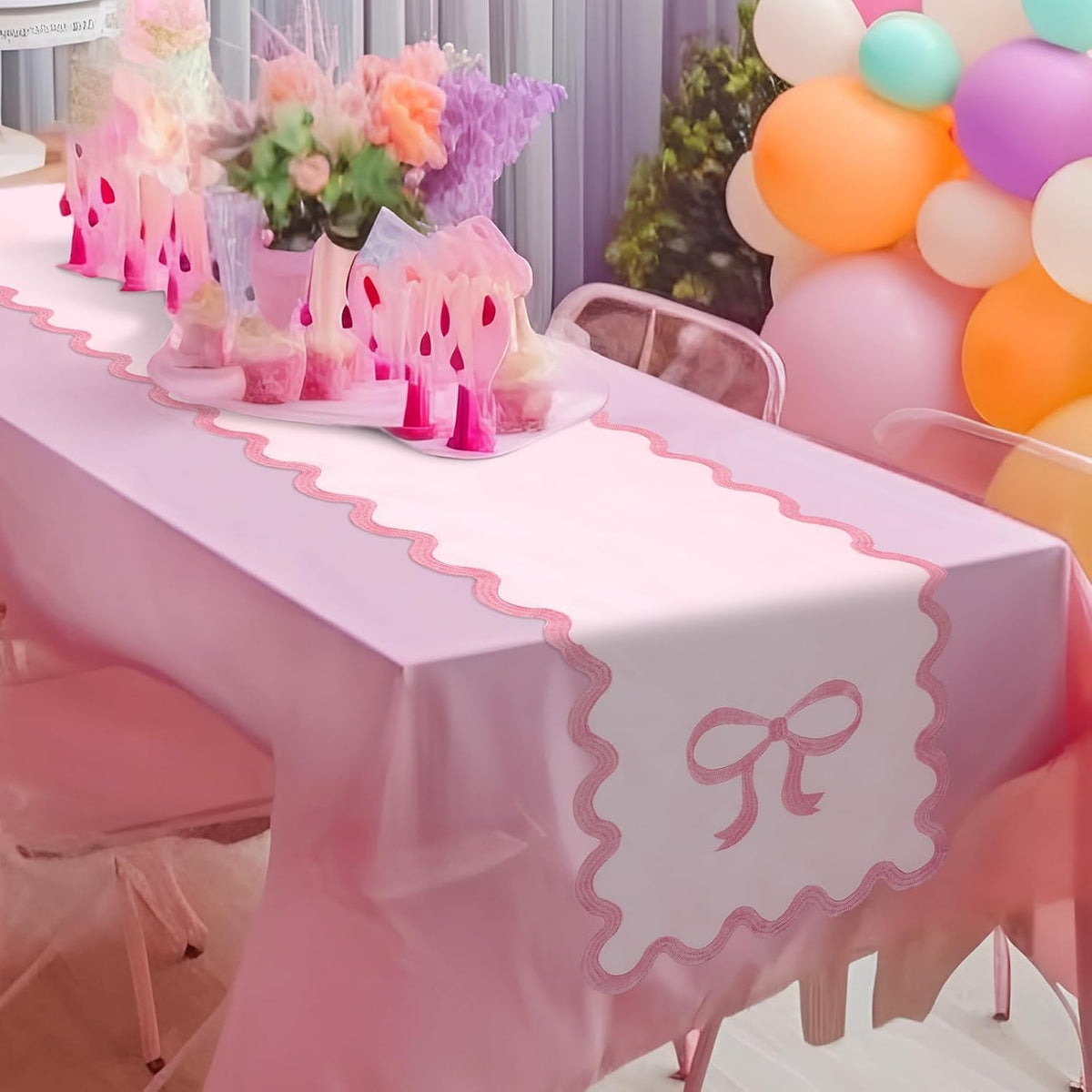 Pink Bow Table Runner 72 Inches, Embroidery Scalloped Coquette