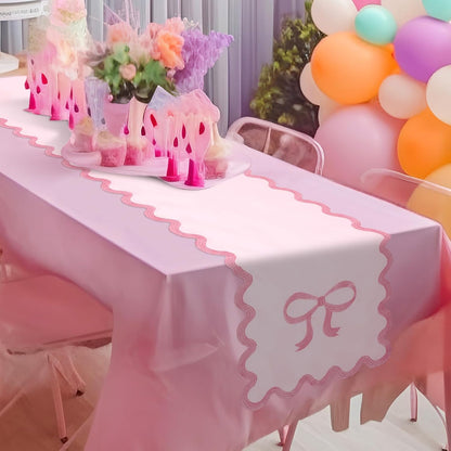 Pink Bow Table Runner 72 Inches, Embroidery Scalloped Coquette