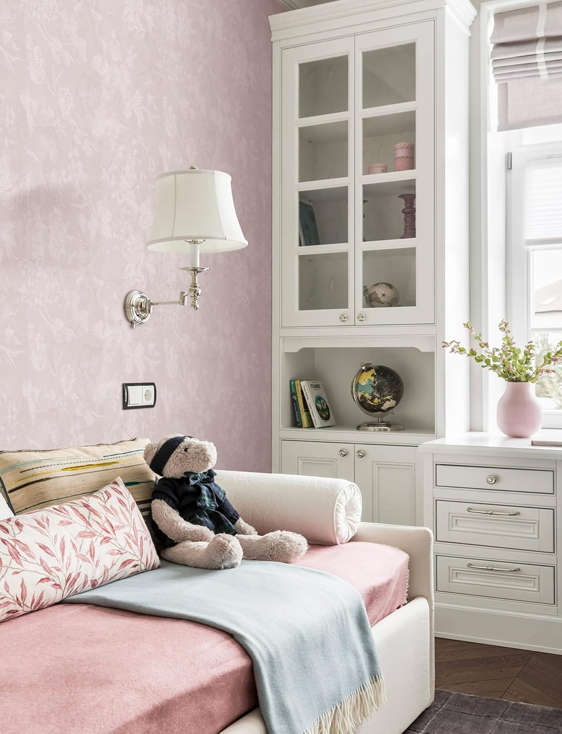 118"x15.7" Pink Wallpaper Embossed Floral Peel and Stick Wallpaper