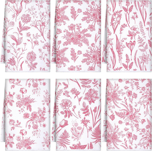 6 Sets Vintage Flower Kitchen Towels Pink and White Wildflower Dish Cloth Absorbent Retro Floral Tea Hand Towels Decorative Set 24"x16" for Farmhouse Kitchen Bathroom Housewarming Gift