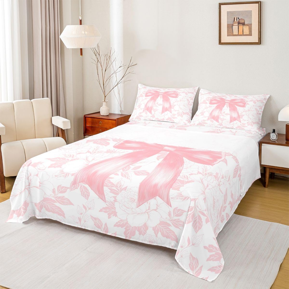 Preppy Coquette Bows 3pc Bedding Set Watercolor Flowers Deep Pocket Bed Cover for Kids Boys Girls Dreamy Princess Style Sheet Set(Full Flat & Fitted Sheet with 2 Pillow Cases),Peach Pink