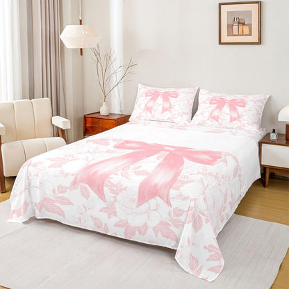 Preppy Coquette Bows 3pc Bedding Set Watercolor Flowers Deep Pocket Bed Cover for Kids Boys Girls Dreamy Princess Style Sheet Set(Full Flat & Fitted Sheet with 2 Pillow Cases),Peach Pink