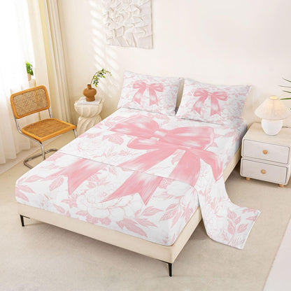 Preppy Coquette Bows 3pc Bedding Set Watercolor Flowers Deep Pocket Bed Cover for Kids Boys Girls Dreamy Princess Style Sheet Set(Full Flat & Fitted Sheet with 2 Pillow Cases),Peach Pink