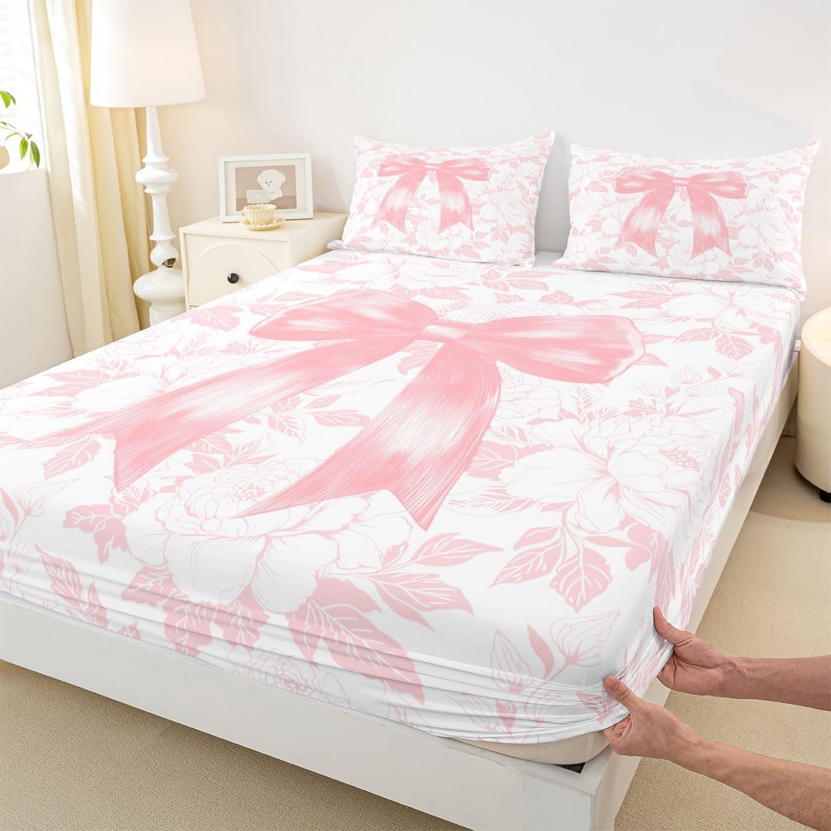 Preppy Coquette Bows 3pc Bedding Set Watercolor Flowers Deep Pocket Bed Cover for Kids Boys Girls Dreamy Princess Style Sheet Set(Full Flat & Fitted Sheet with 2 Pillow Cases),Peach Pink