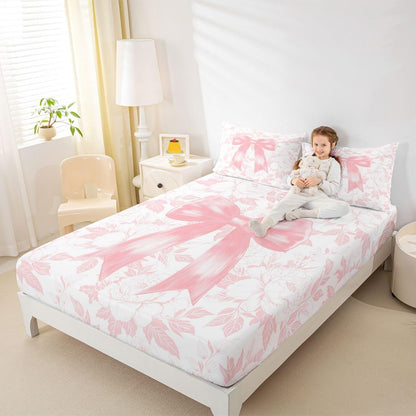 Preppy Coquette Bows 3pc Bedding Set Watercolor Flowers Deep Pocket Bed Cover for Kids Boys Girls Dreamy Princess Style Sheet Set(Full Flat & Fitted Sheet with 2 Pillow Cases),Peach Pink