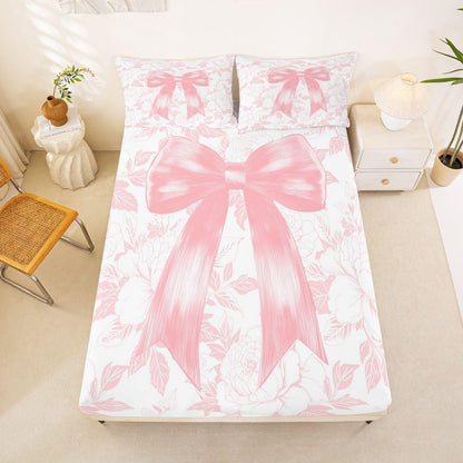 Preppy Coquette Bows 3pc Bedding Set Watercolor Flowers Deep Pocket Bed Cover for Kids Boys Girls Dreamy Princess Style Sheet Set(Full Flat & Fitted Sheet with 2 Pillow Cases),Peach Pink