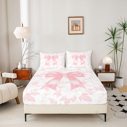Preppy Coquette Bows 3pc Bedding Set Watercolor Flowers Deep Pocket Bed Cover for Kids Boys Girls Dreamy Princess Style Sheet Set(Full Flat & Fitted Sheet with 2 Pillow Cases),Peach Pink