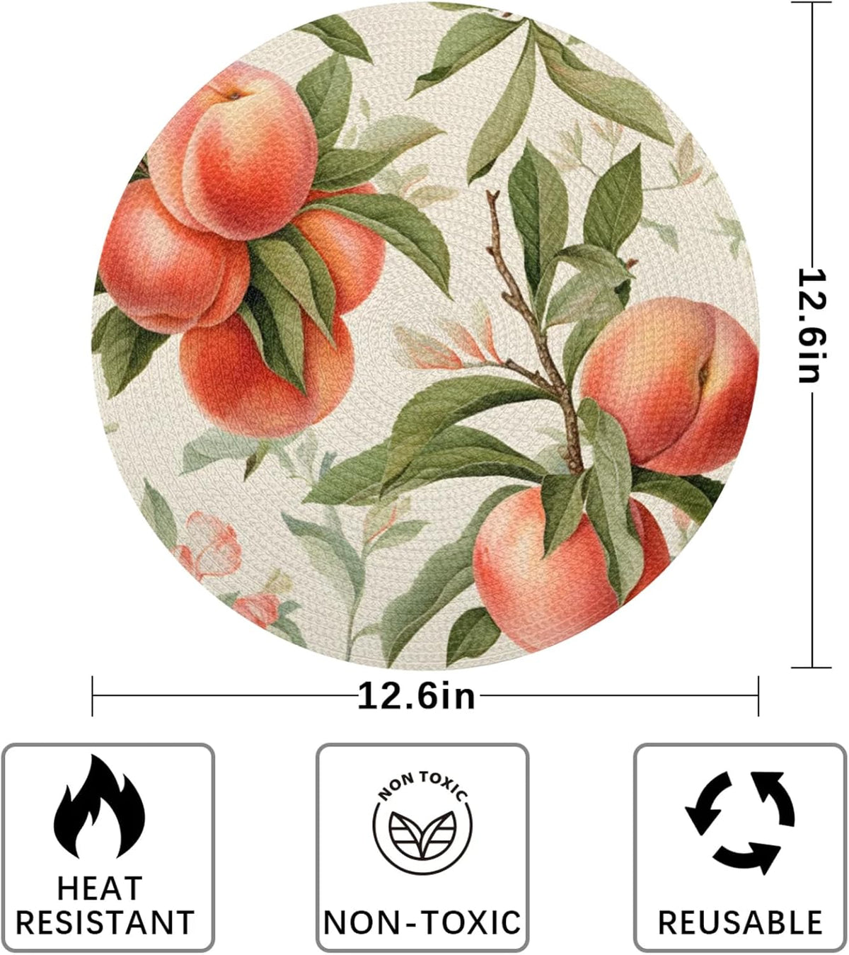 Peach Pattern Table Mats Set of 6 Circle 12.6" Reusable Round Dish Mats for Wedding Circular Placemats for Kitchen Holiday Braided Place Mats Home Party Dining Decor Protected Table