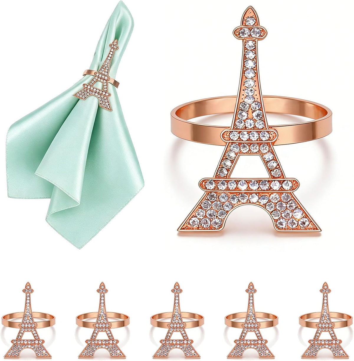 Rose Gold Eiffel Tower Napkin Rings Set of 6 Western Paris Napkin Rings for Valentine's Day Wedding Brithday Dining Decor,French Napkin Ring Holders for Holiday Family Party Table Setting