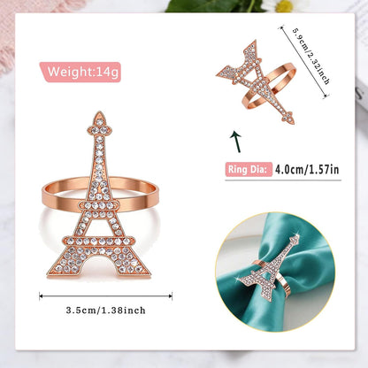 Rose Gold Eiffel Tower Napkin Rings Set of 6 Western Paris Napkin Rings for Valentine's Day Wedding Brithday Dining Decor,French Napkin Ring Holders for Holiday Family Party Table Setting