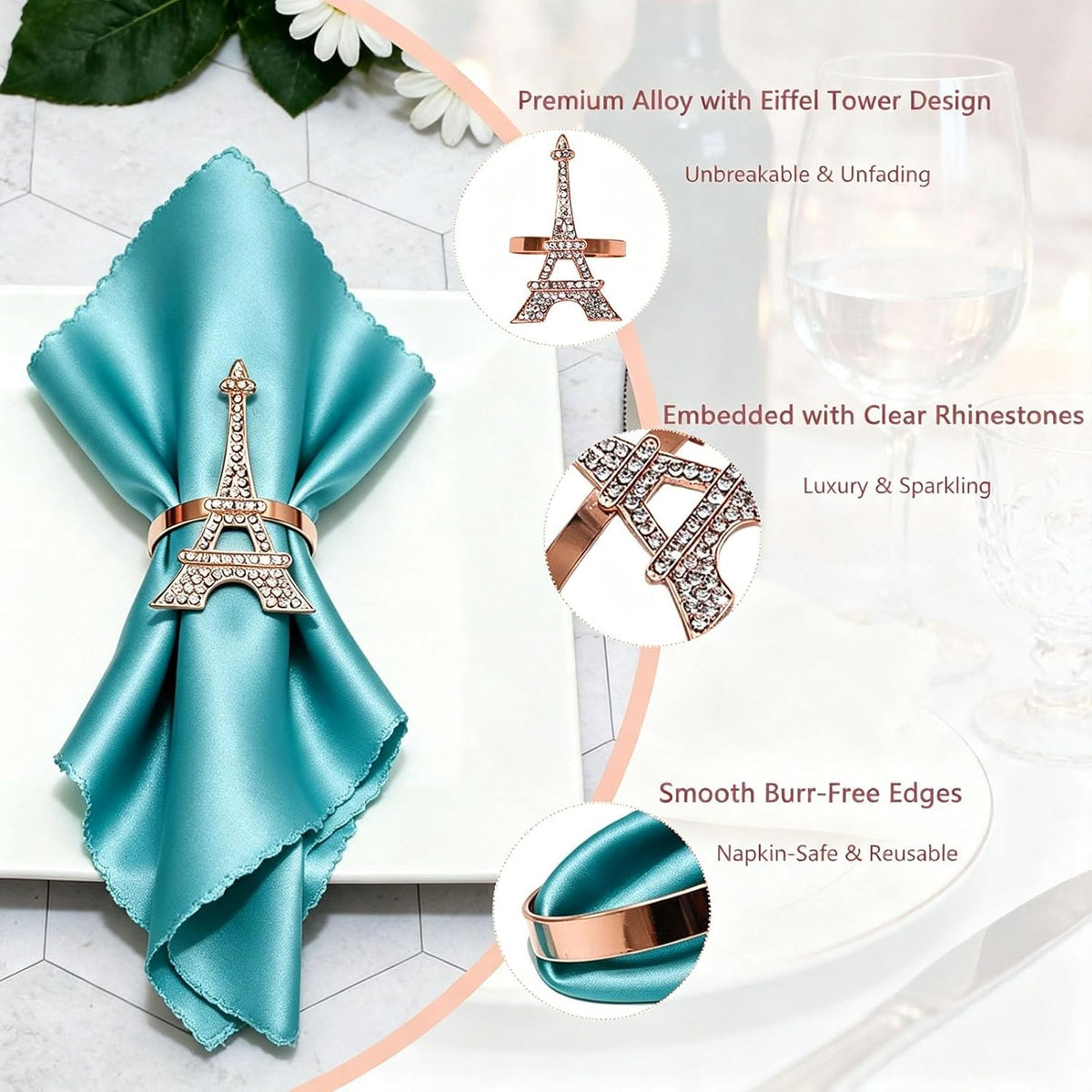 Rose Gold Eiffel Tower Napkin Rings Set of 6 Western Paris Napkin Rings for Valentine's Day Wedding Brithday Dining Decor,French Napkin Ring Holders for Holiday Family Party Table Setting