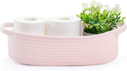 Small Toilet Paper Basket for Back of Toilet Tank Top,Cute behind toilet basket,Woven Toilet Paper Tray Little Organizer for Bathroom Shelf, Bedroom, Living Room12.6"L x 6"W Pink