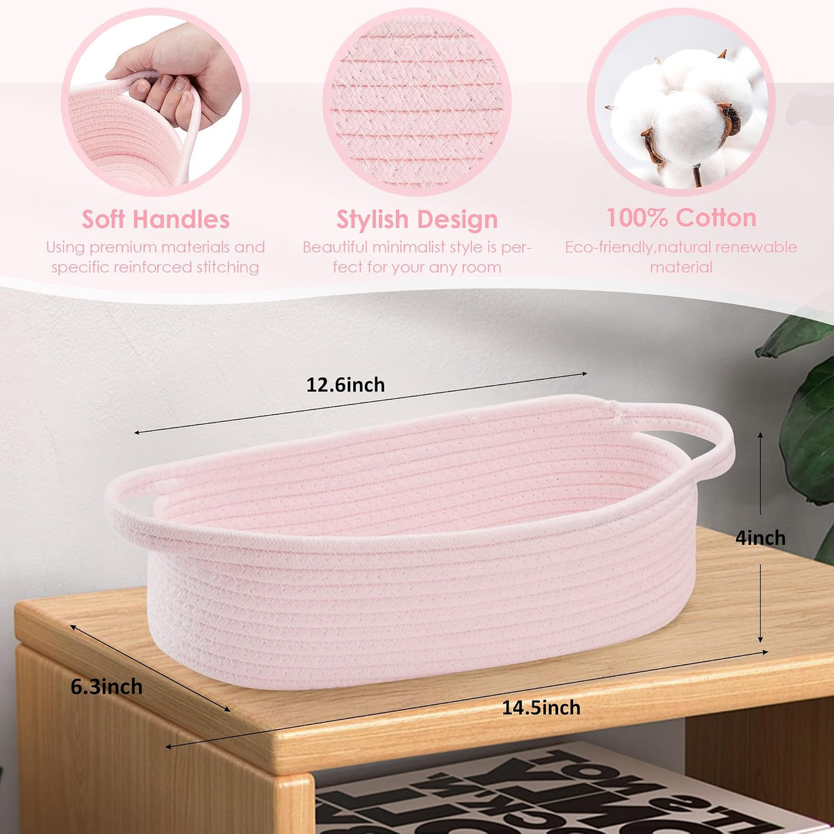 Small Toilet Paper Basket for Back of Toilet Tank Top,Cute behind toilet basket,Woven Toilet Paper Tray Little Organizer for Bathroom Shelf, Bedroom, Living Room12.6"L x 6"W Pink