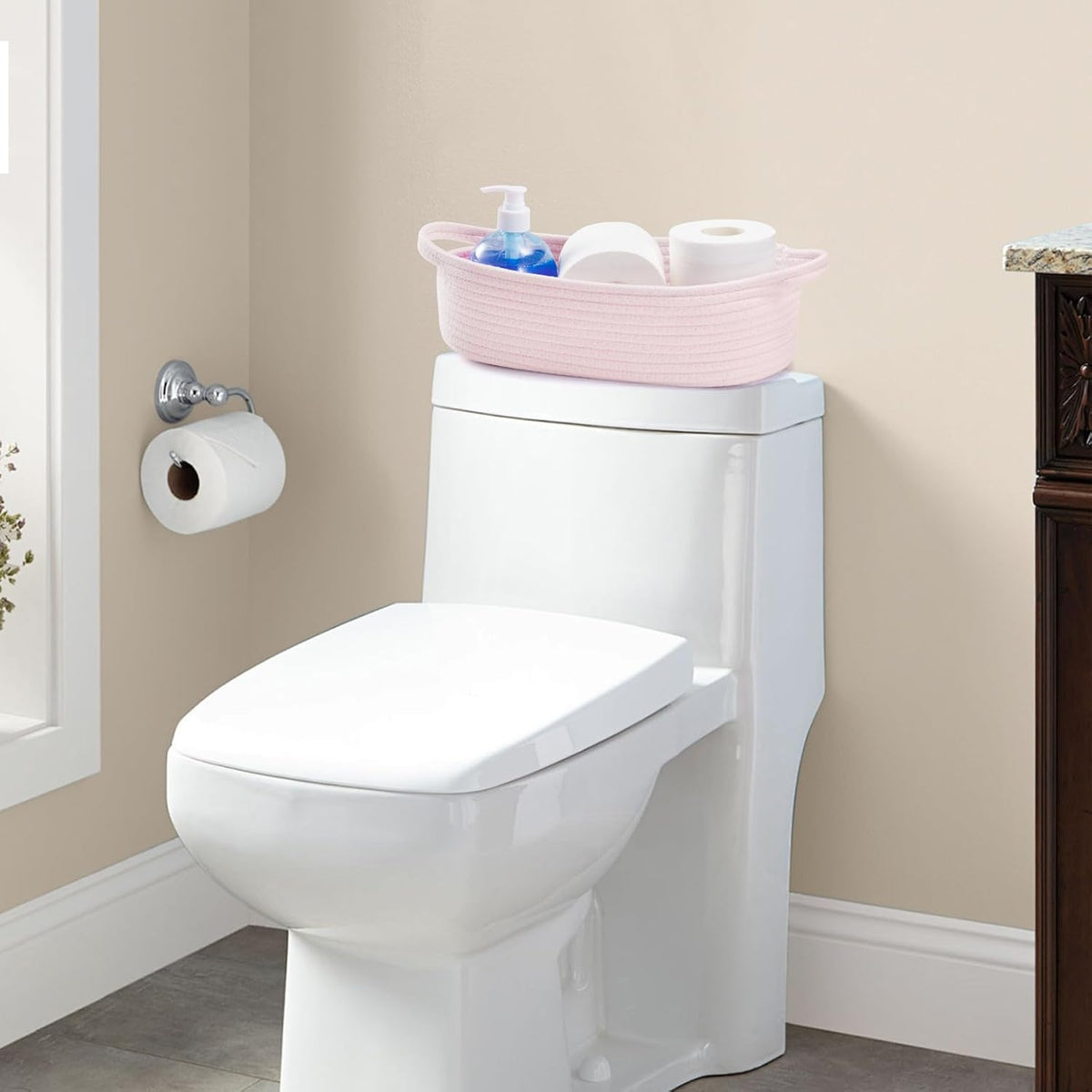 Small Toilet Paper Basket for Back of Toilet Tank Top,Cute behind toilet basket,Woven Toilet Paper Tray Little Organizer for Bathroom Shelf, Bedroom, Living Room12.6"L x 6"W Pink